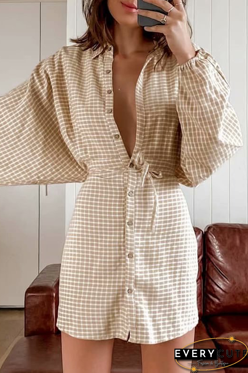 Fashion Elegant Plaid Frenulum Buckle Turndown Collar Straight Dresses