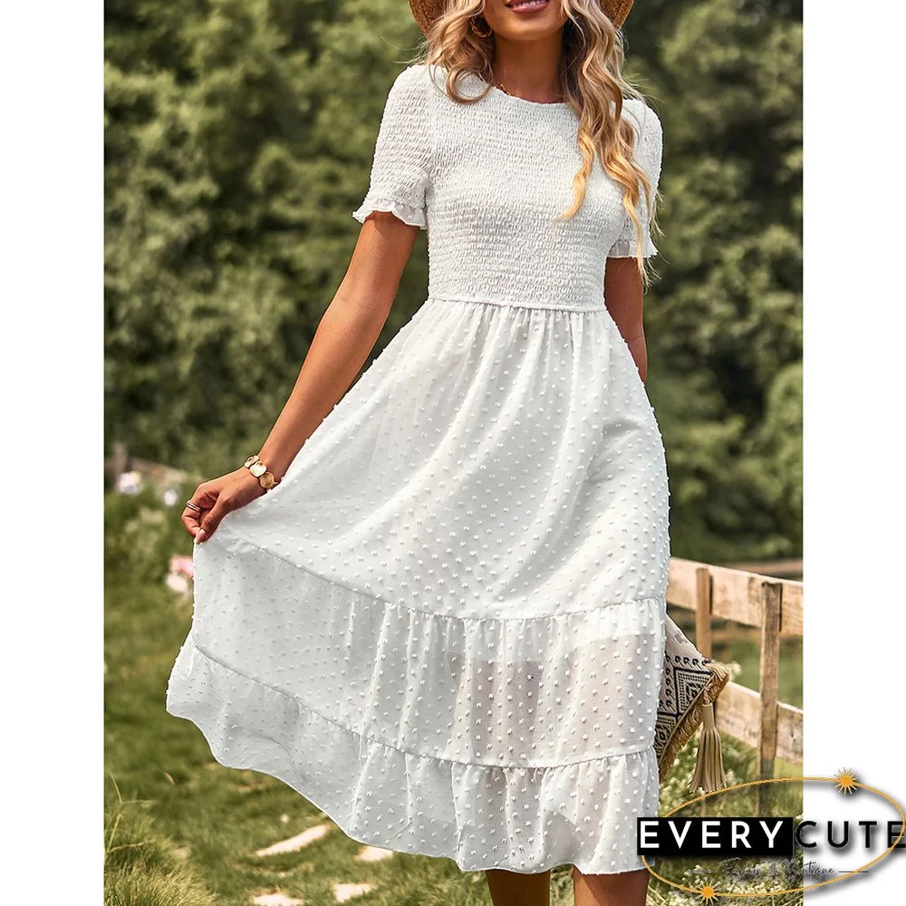 White Swiss Dot Pleated Elegant Short Sleeve Midi Dress