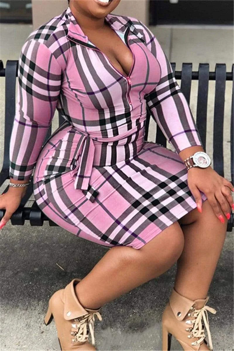 Sexy Fashion Plaid Long Sleeved Dress (With Belt)