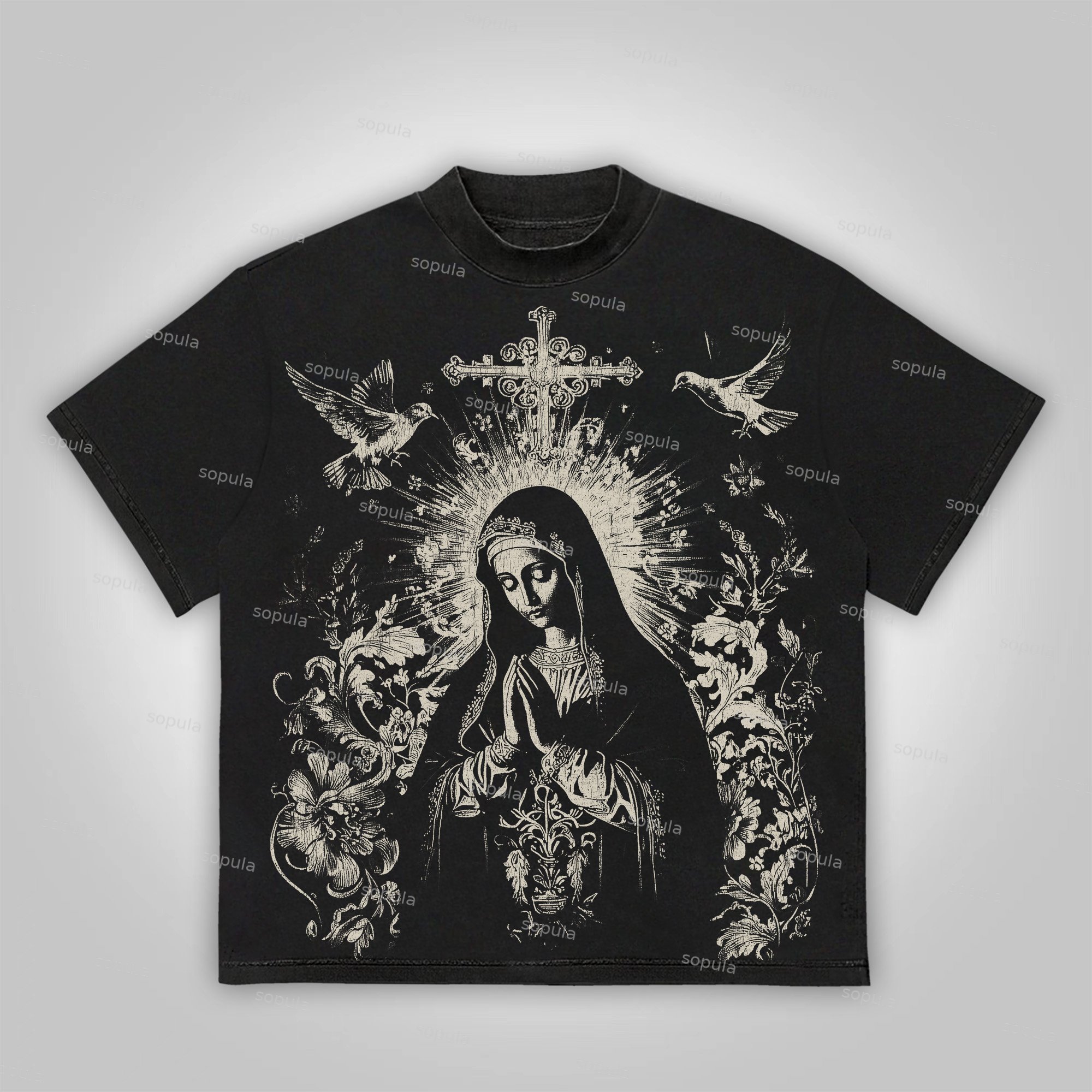 Sopula Virgin Mary Praying Vintage Graphic Cotton T-Shirt
