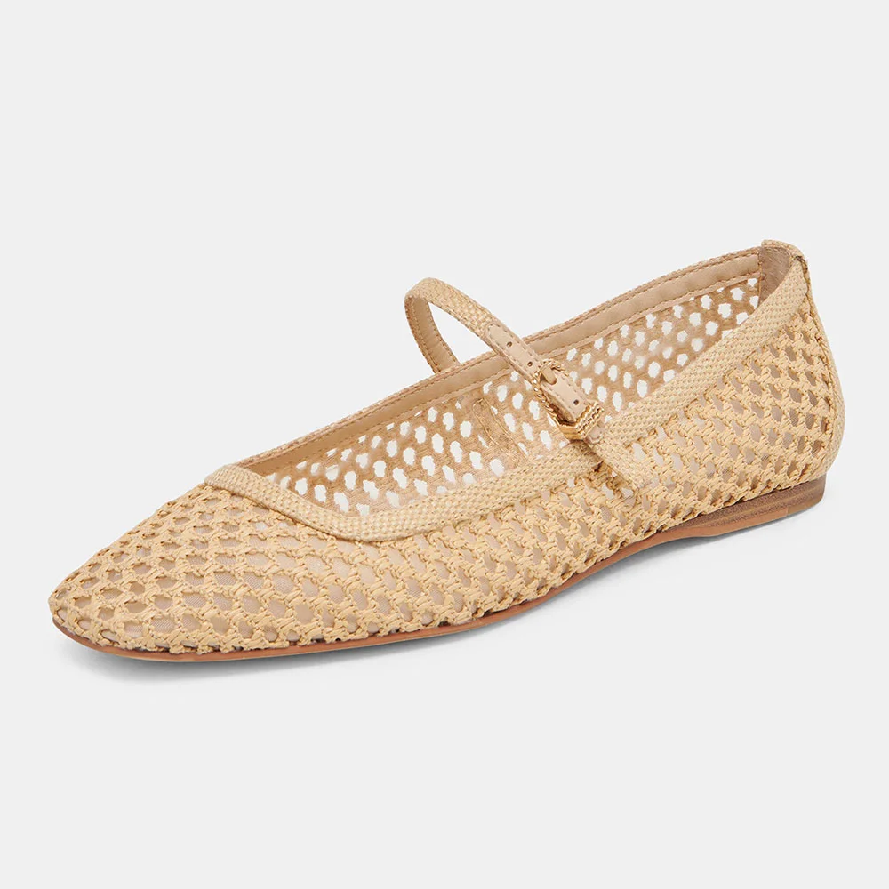 Beige Raffia Square Toe Woven Cut-Out Flat Shoes for Women