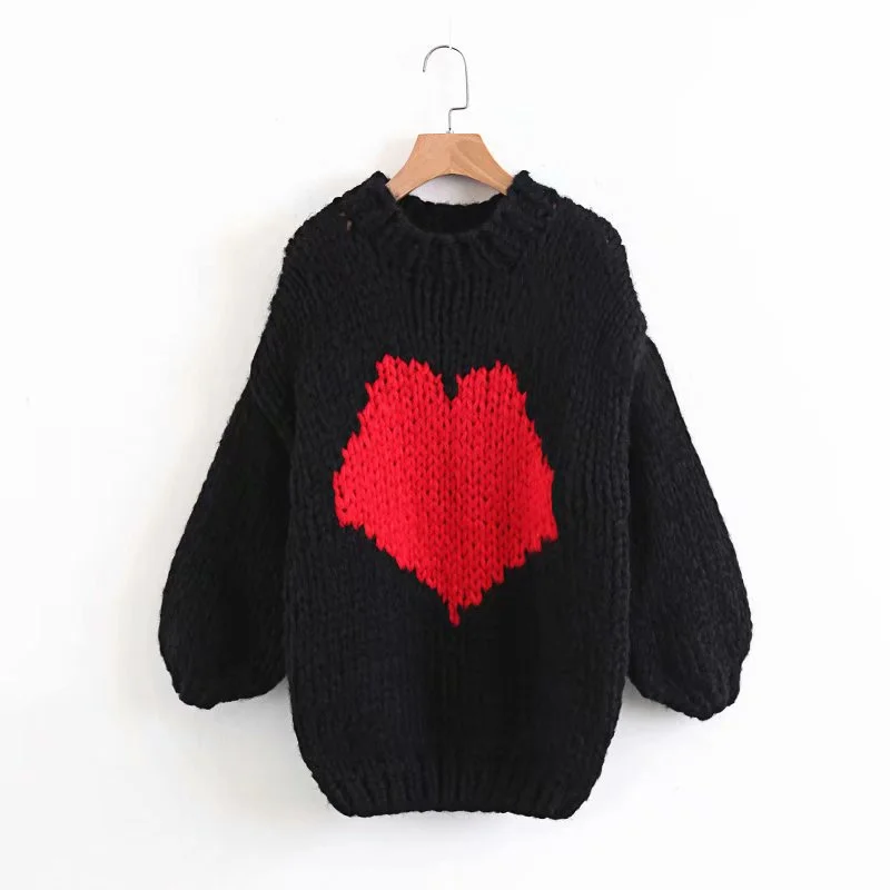 Super chic red heart jumper pullovers long sleeve o neck autumn winter women sweater black lamb wool mohair christmas sweater