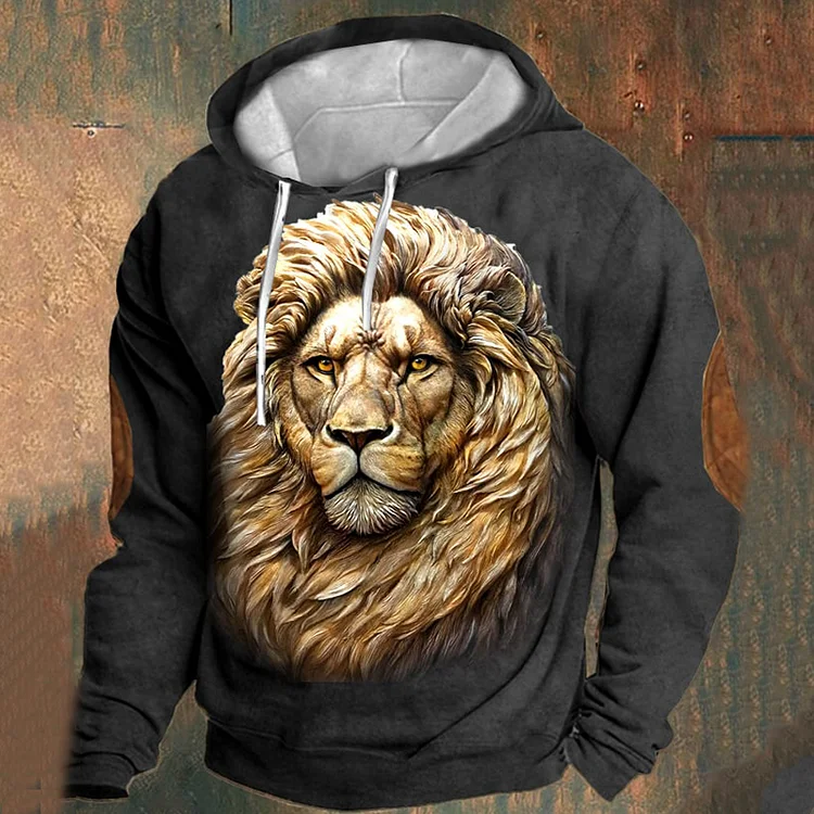 Comstylish Men's Retro Casual Lion Print Hoodie