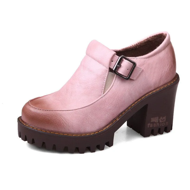 Gdgydh New 2021 Spring Platform Women Shoes On Heels British Style Single Shoes Round Toe Square Heels Ladies Pumps Large Size