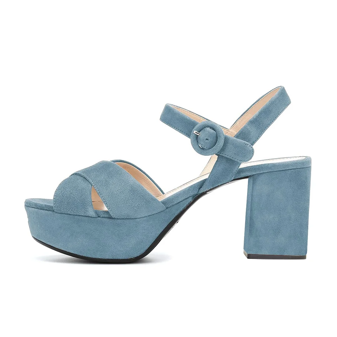 Blue Suede Peep Toe 4'' Chunky High Heel Sandals with Platform Nicepairs