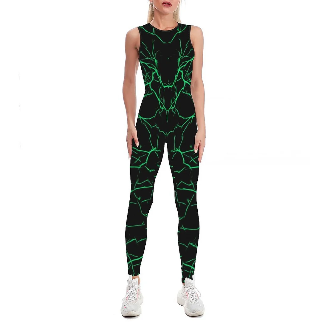 Green Lightning Bolts Pattern Thunders On Black Bodycon Tank One Piece Jumpsuits Long Pant Retro Yogas Playsuit for Women
