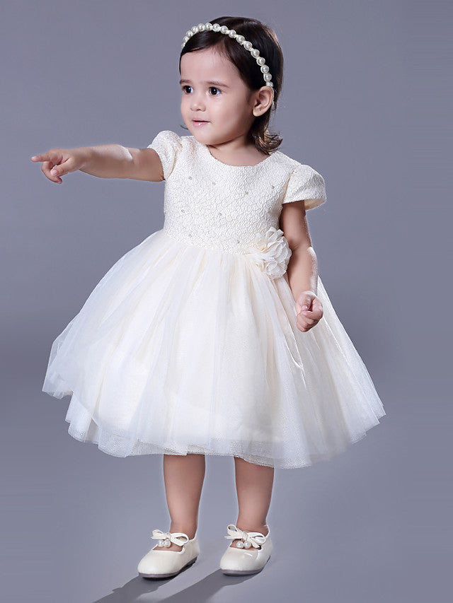 Tulle Jewel Neck Short Sleeves Ball Gown Flower Girl Dress With Bow And Flower | FL0319 Wellcucu