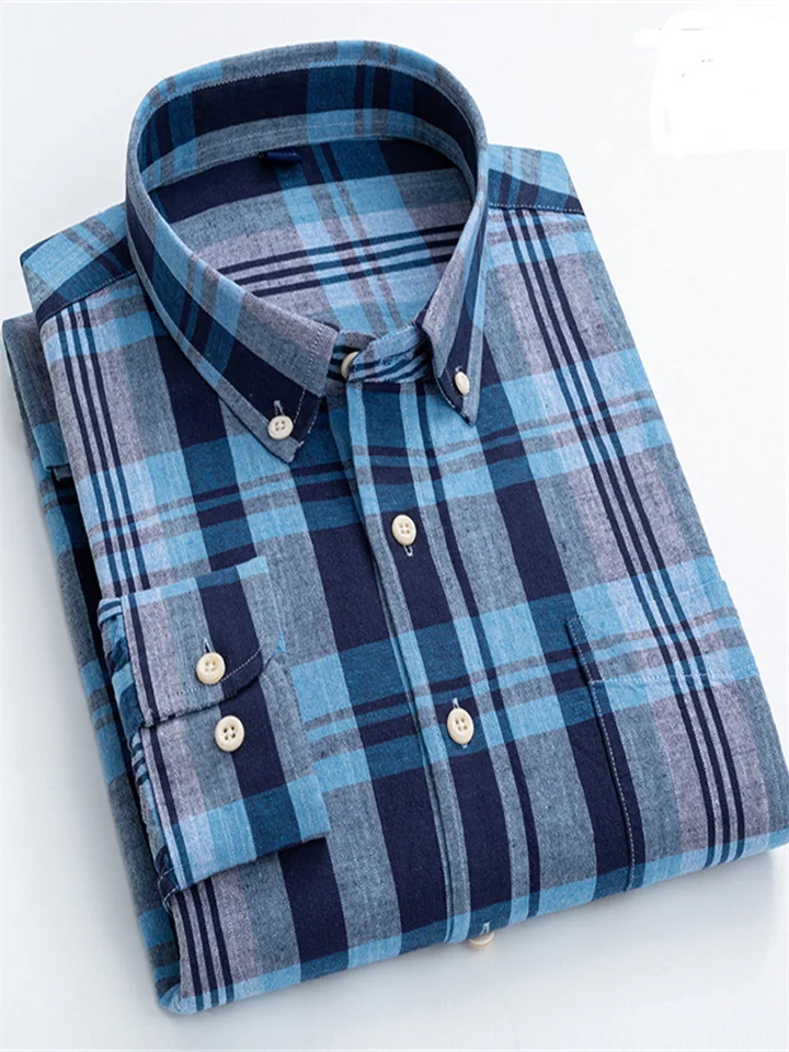 Four Seasons New Cotton Shirt Fashion Plaid Men's Shirt Long-sleeved Square Collar Casual Cotton Shirt-Cosfine