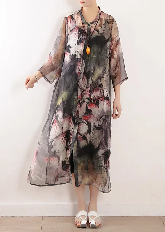 Women light gray prints blended dress Plus Size Photography side open long summer Dresses