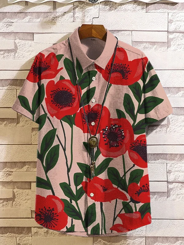 Men's Poppy Floral Art Print Linen Blend Shirt