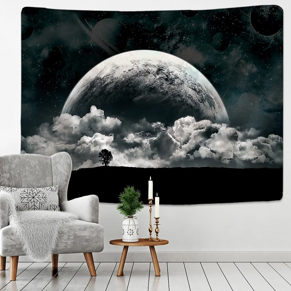 Black and White Moon Tapestry Starry Sky Printing Tapestry Wall Beach Blanket Picnic Yoga Mat Living Room Decor