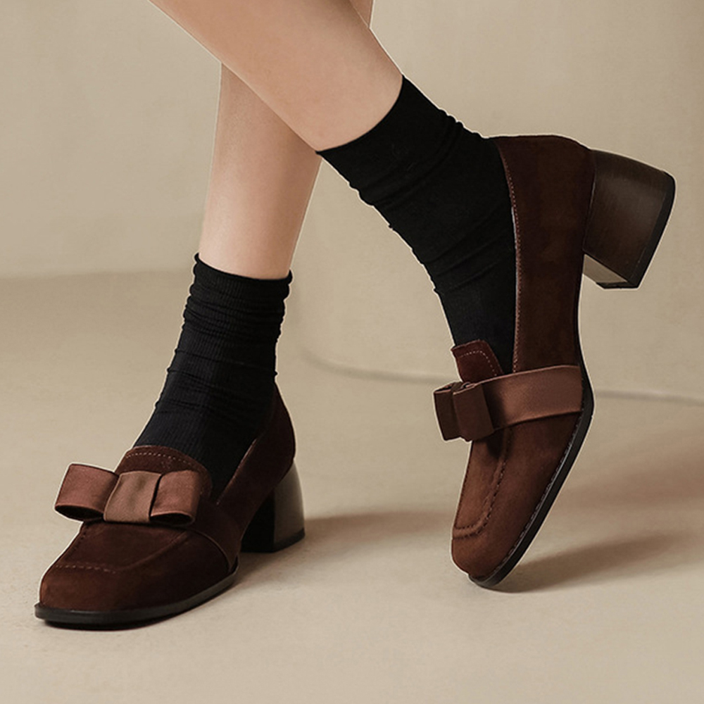Brown Faux Suede Square Toe Chunky Heel Loafers with Bow Nicepairs