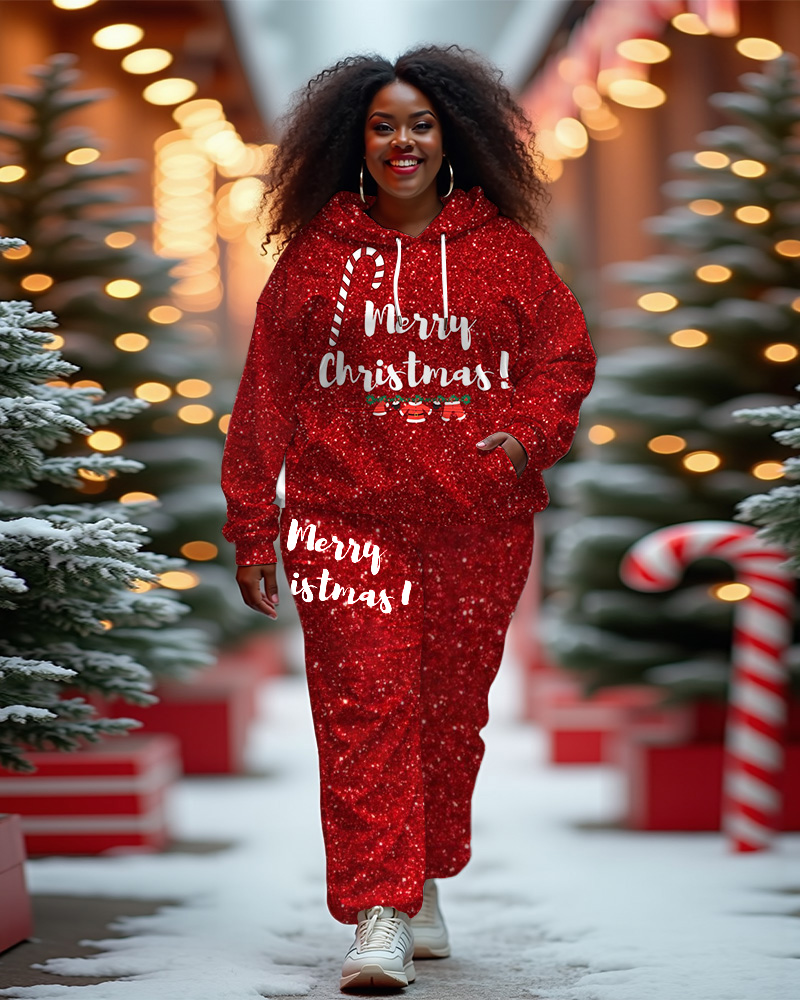Women's Plus Size Merry Christmas Long Sleeve Hoodie and Casual Pants Set