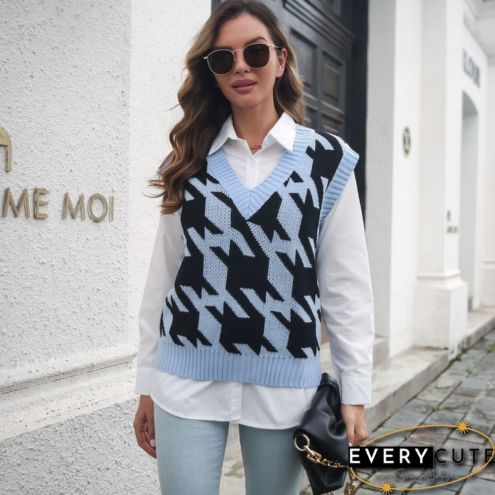 Houndstooth V-neck Vest Sweater Women's Tank Tops Outer Wear Inner Autumn And Winter Knitted Sweaters New Sweater