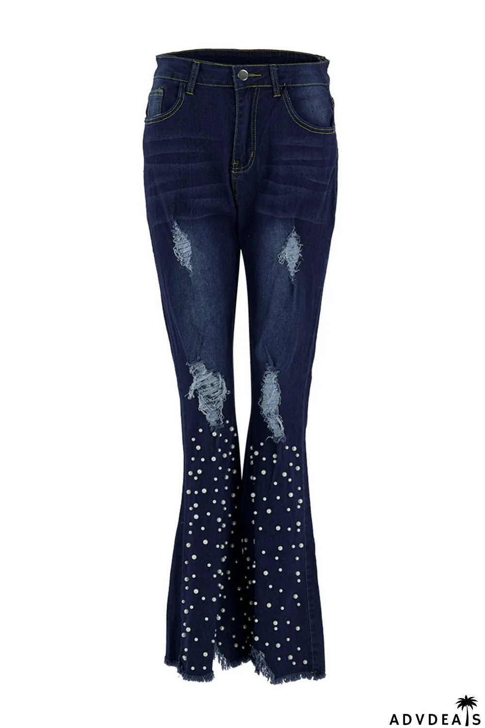 Dark Blue Sexy Solid Ripped Pearl Mid Waist Boot Cut Denim Jeans