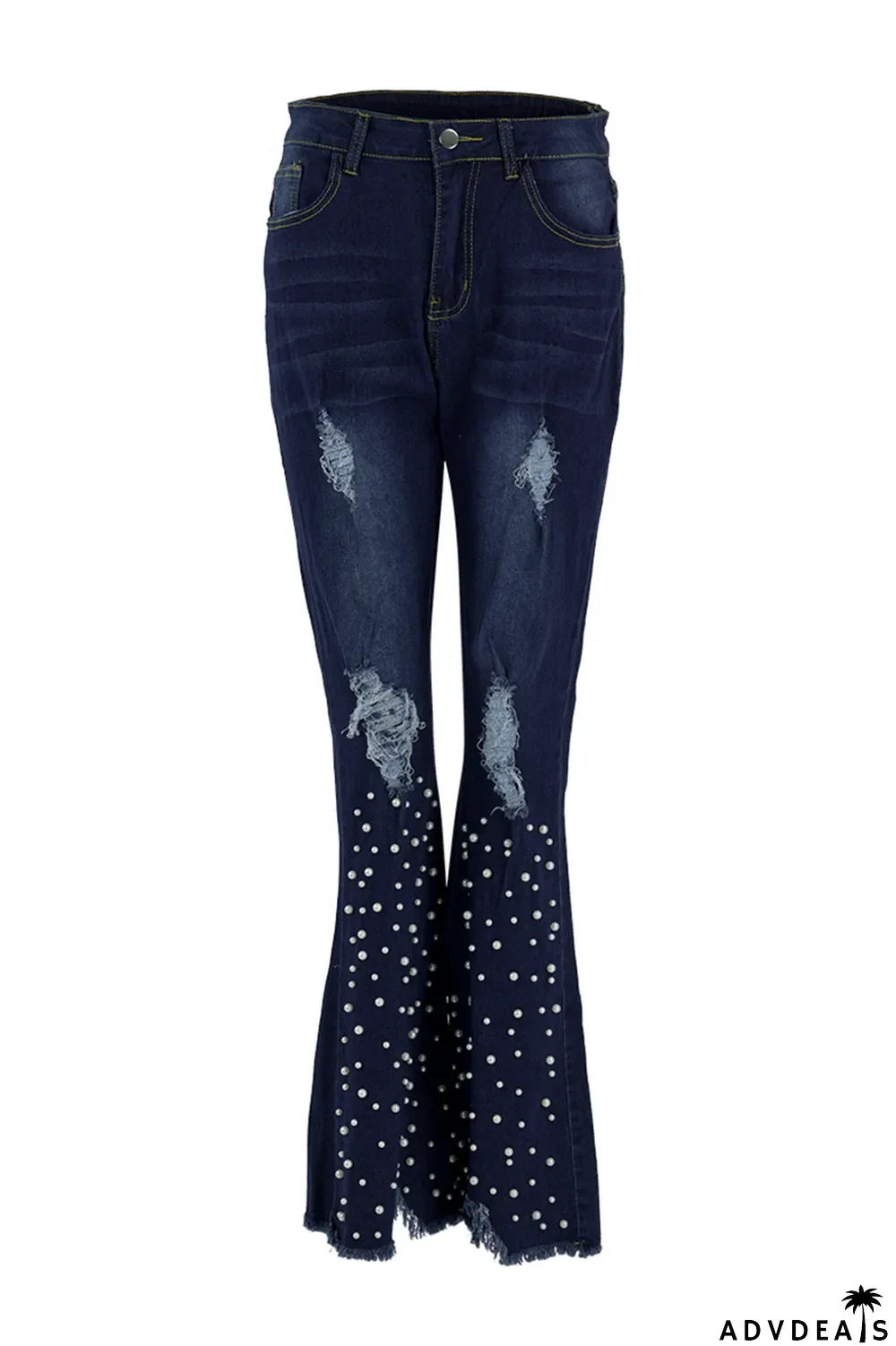Dark Blue Sexy Solid Ripped Pearl Mid Waist Boot Cut Denim Jeans