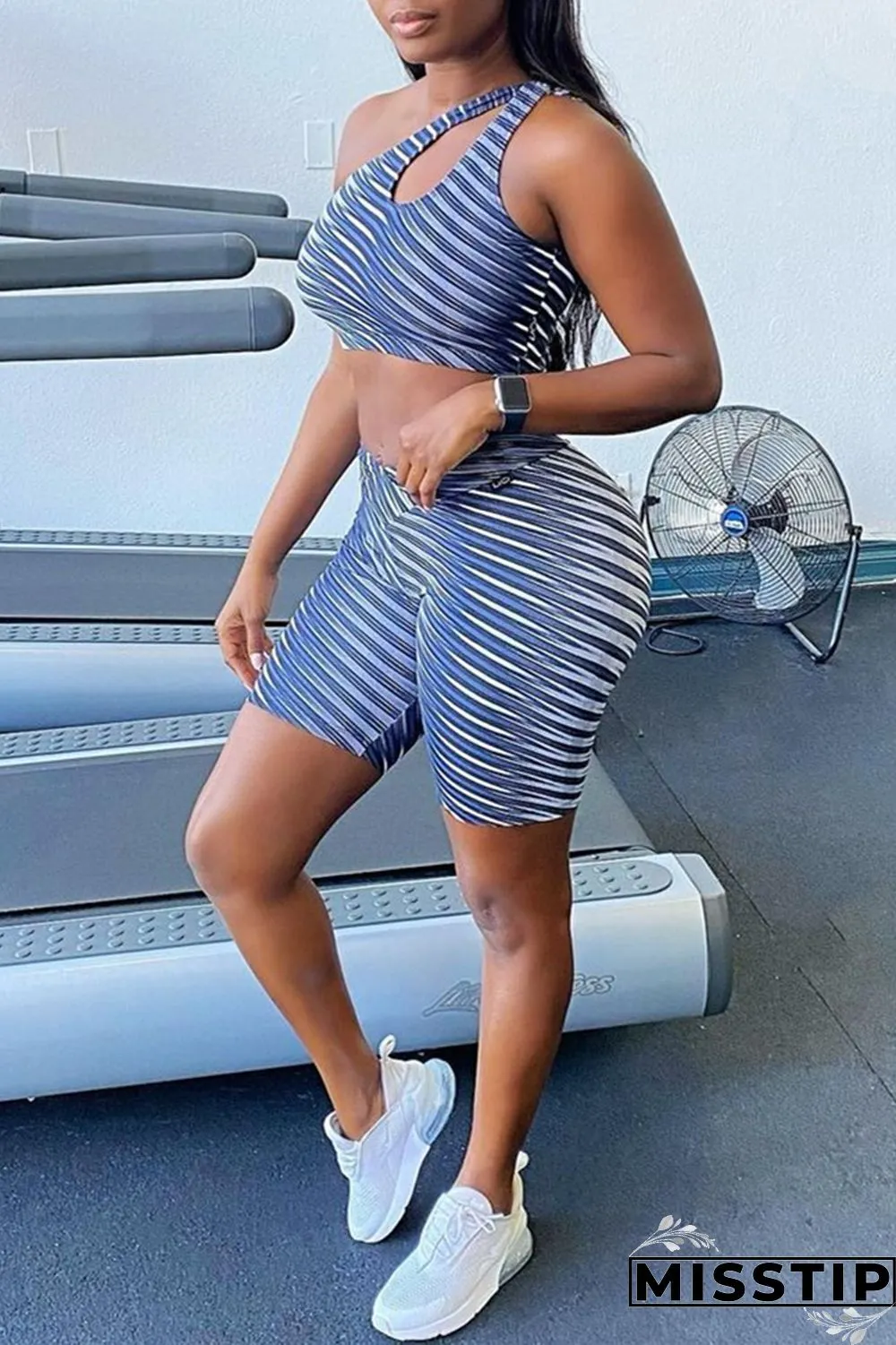 Light Purple Sexy Sportswear Print Hollowed Out Backless One Shoulder Sleeveless Two Pieces