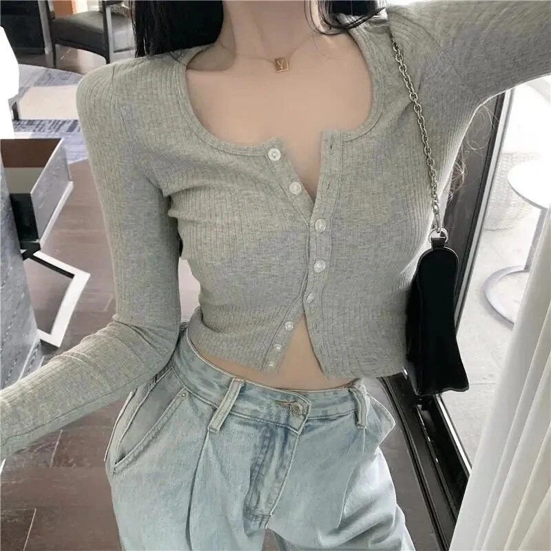New Autumn Thin Ribbed Cardigan Women Sexy Long Sleeve O Neck Button Up ...