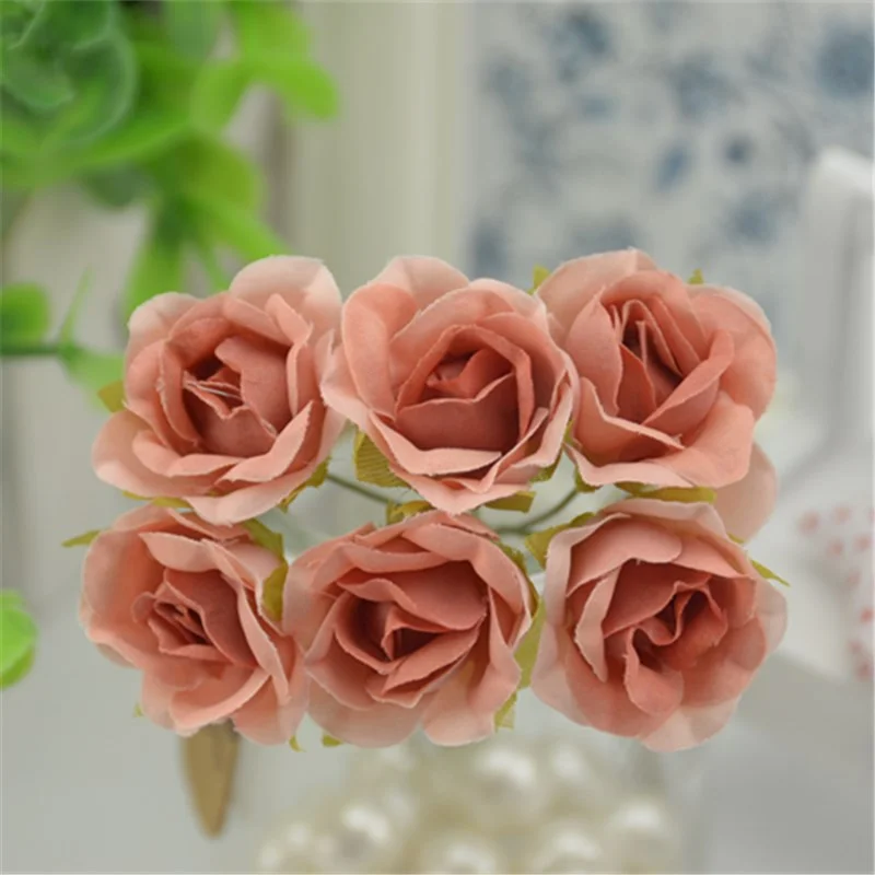 6 pcs/lot Mini Silk Artificial Gradient Rose Flower Bouquet For Wedding Decoration DIY Scrapbooking Fake Flowers Wreath Supplies
