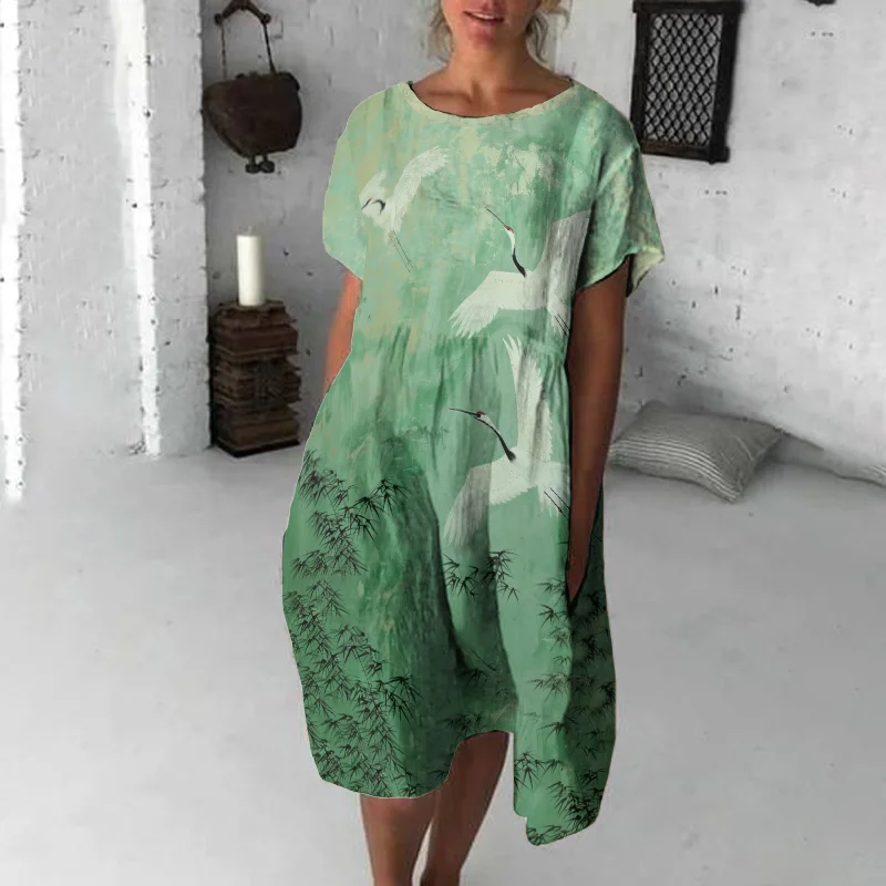 Retro Crane Bamboo Art Print Short Sleeve Midi Dress