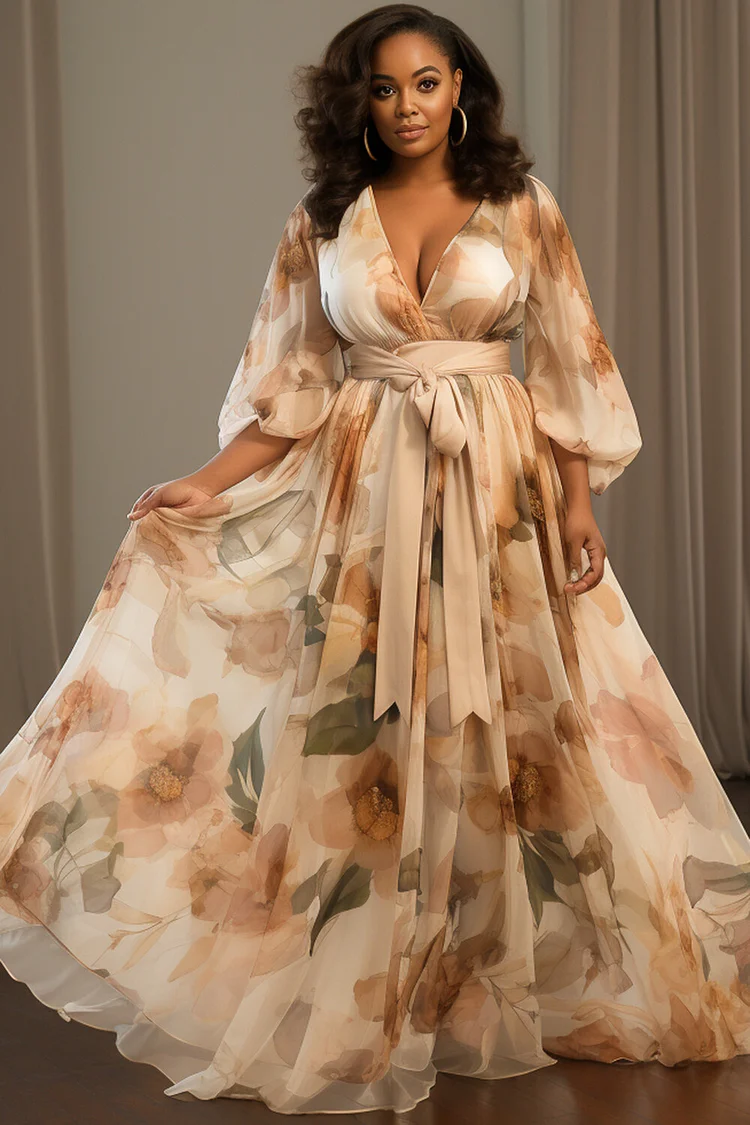 Xpluswear Design Plus Size Formal Champagne Floral V Neck Lantern Sleeve 3/4 Sleeve See Through Pocket Chiffon Maxi Dresses 2024 - Xpluswear