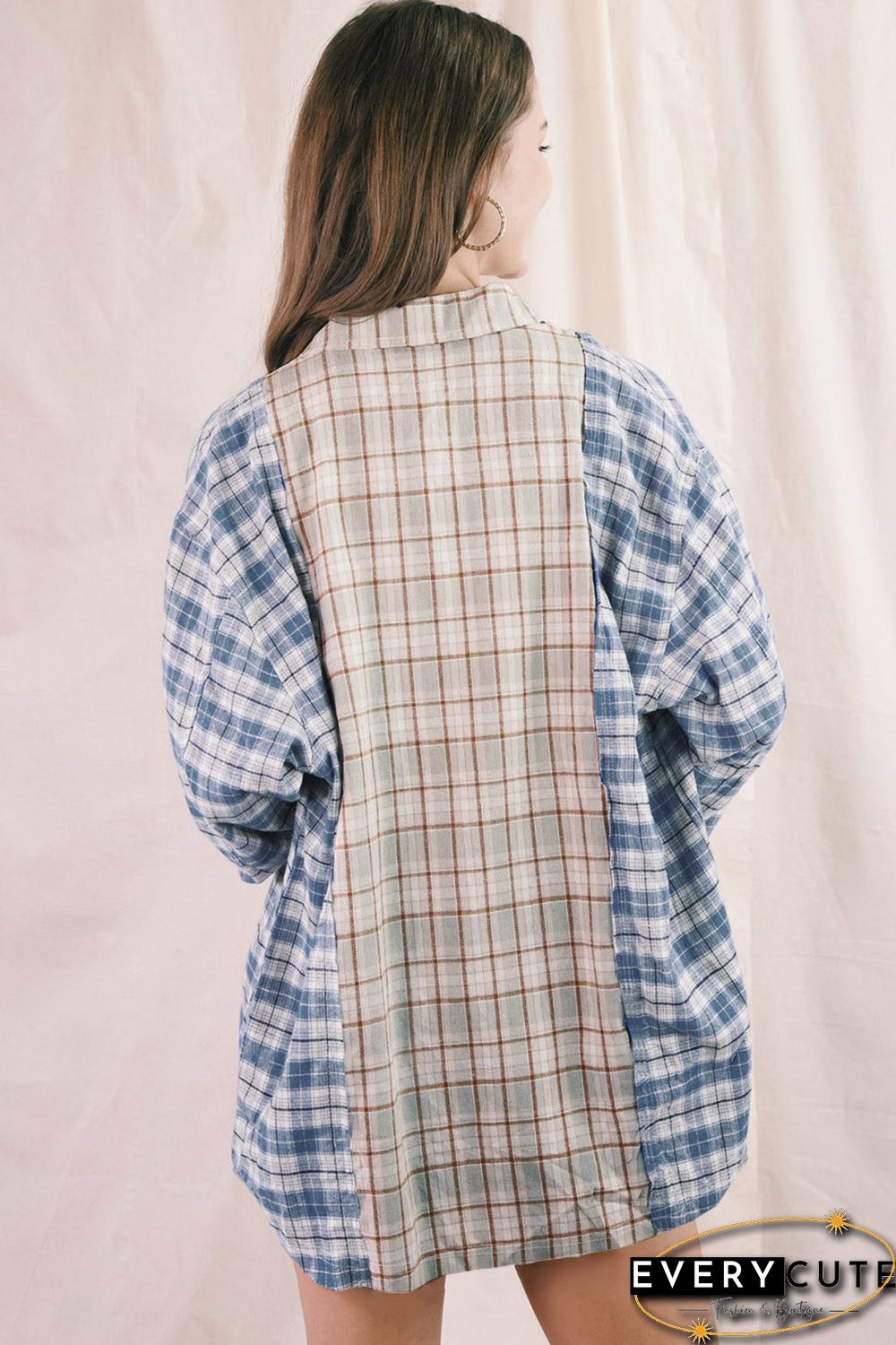 Sky Blue Plaid Color Block Pocket Button-up Long Sleeve Shirt