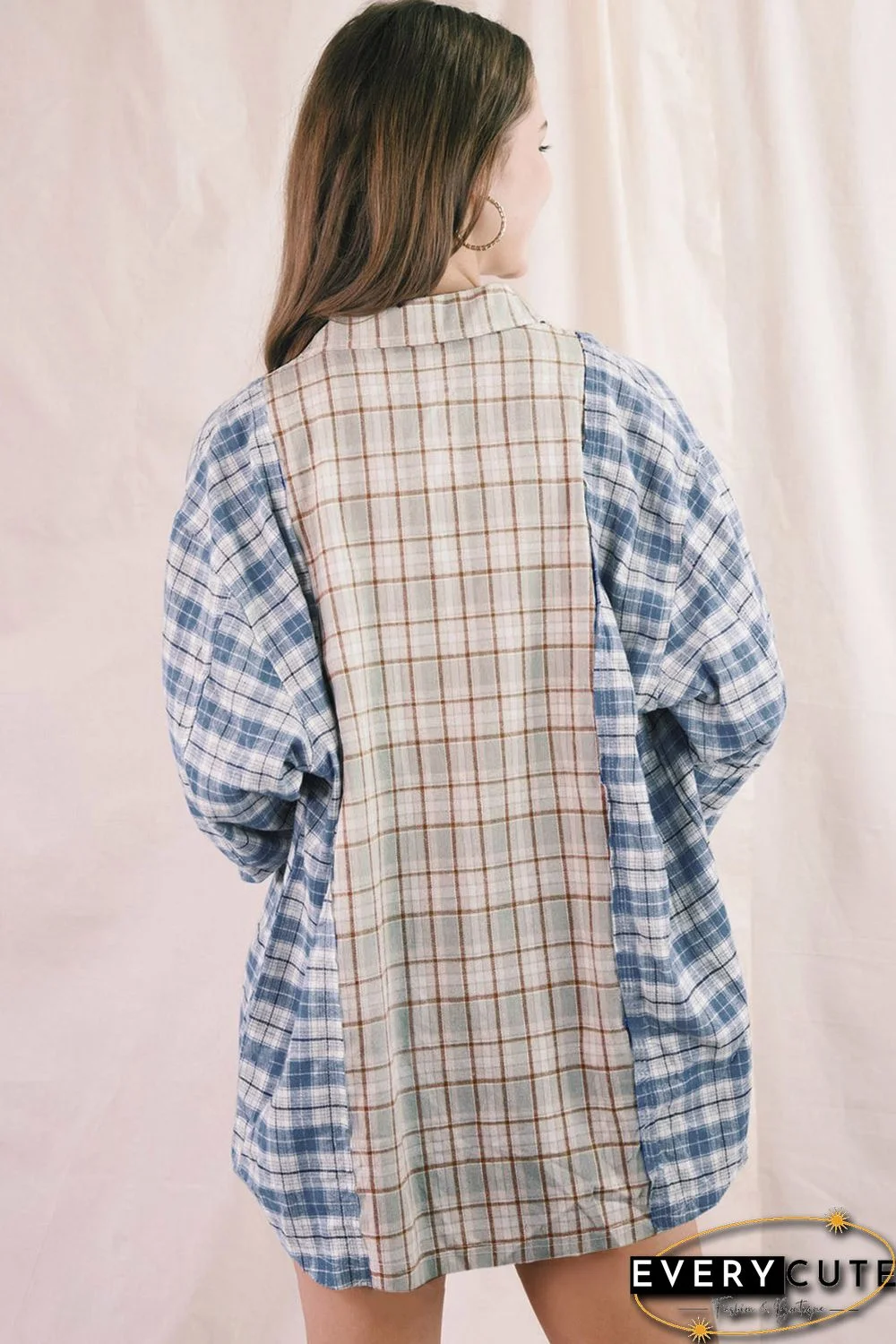 Sky Blue Plaid Color Block Pocket Button-up Long Sleeve Shirt