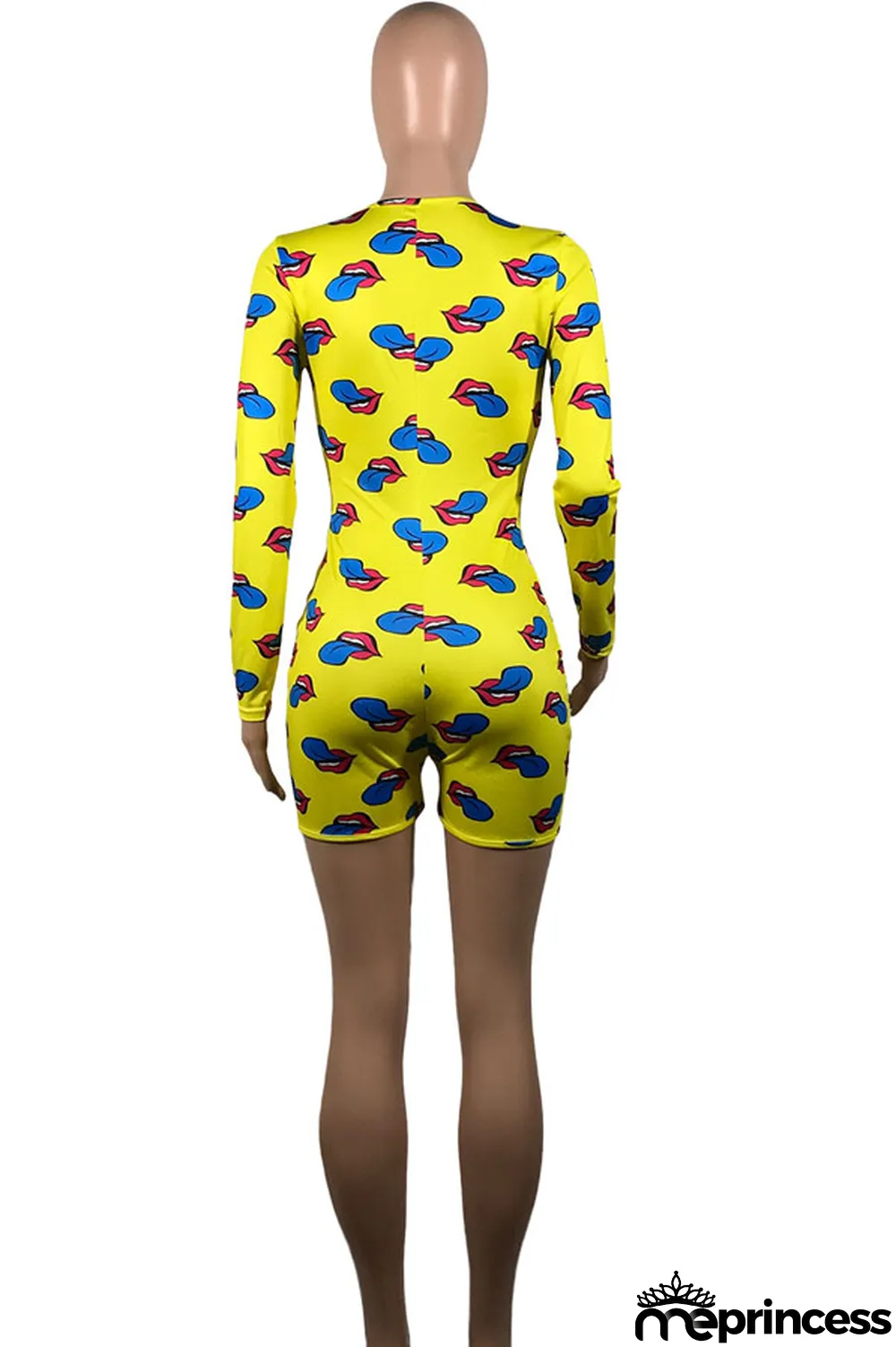 Yellow Sexy Print Polyester Long Sleeve V Neck Jumpsuits