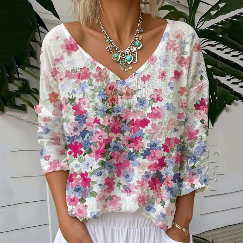 Floral Print V-neck Linen Blend Casual T-shirt