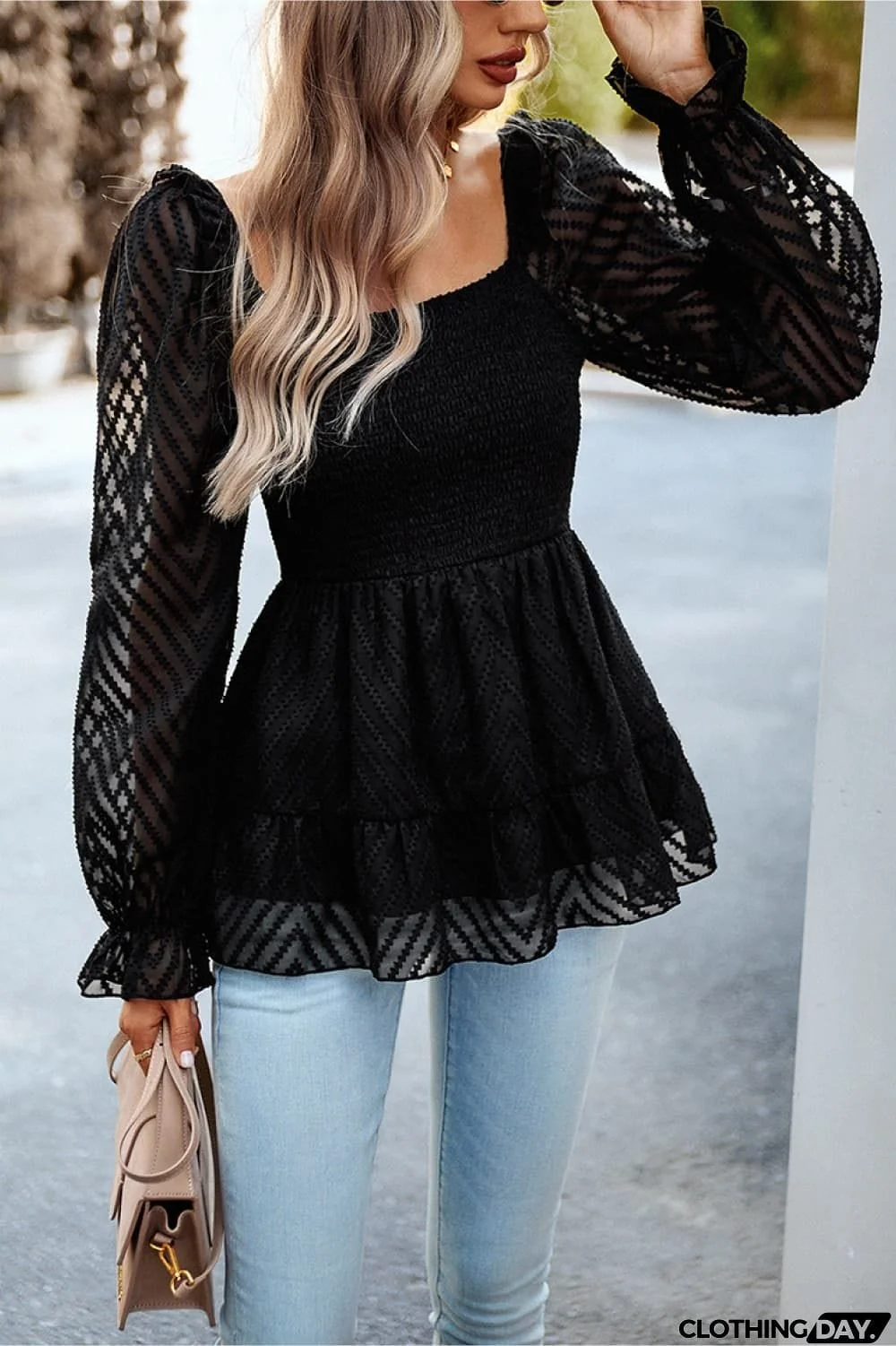 Square Neck Flounce Sleeve Peplum Top