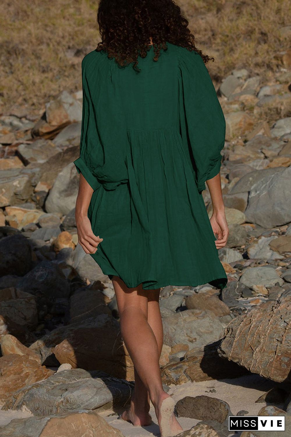 Casual Daily Solid Fold O Neck Pleated Dresses