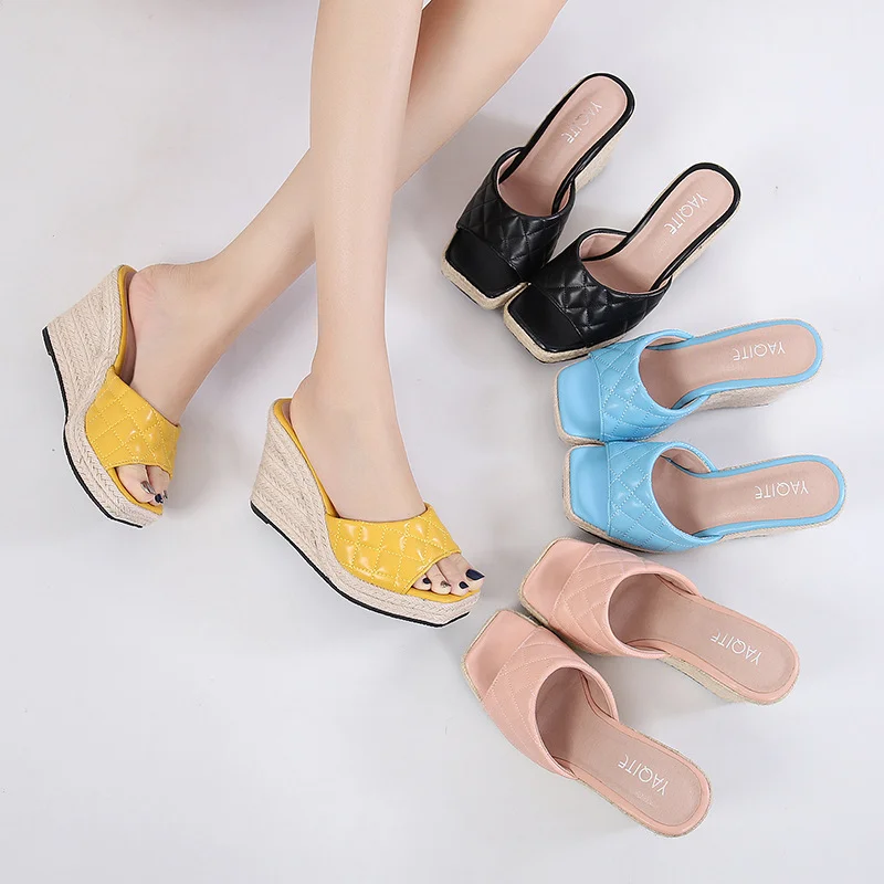 Wongn Wongn Slippers 2023 Summer New Thick Sole High Heel Retro Square-Headed Sandals Women's Fashionable Hemp Rope Grass Base
