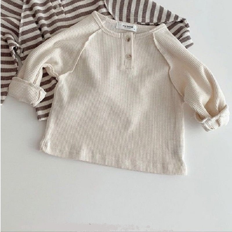Newborn Baby Boy Girl Cotton Ribbed T-Shirt Long Sleeve Infant Toddler Child Sweatshirt Button Tee Top Baby Clothes 0-7Y