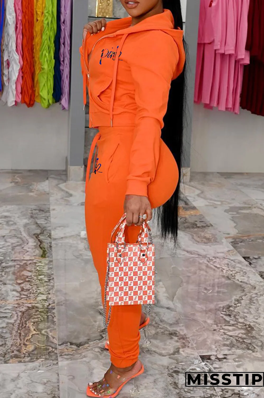 Black Casual Print Draw String Zipper Collar Long Sleeve Two Pieces