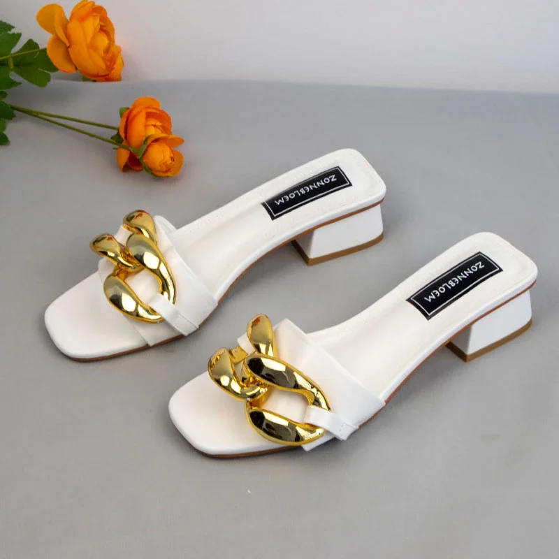 Qengg Fashion Open Toe Heel Women Sandals Square Heels Women Luxury Slides Summer Shoes Ladies Elegant Chain Buckle Slippers