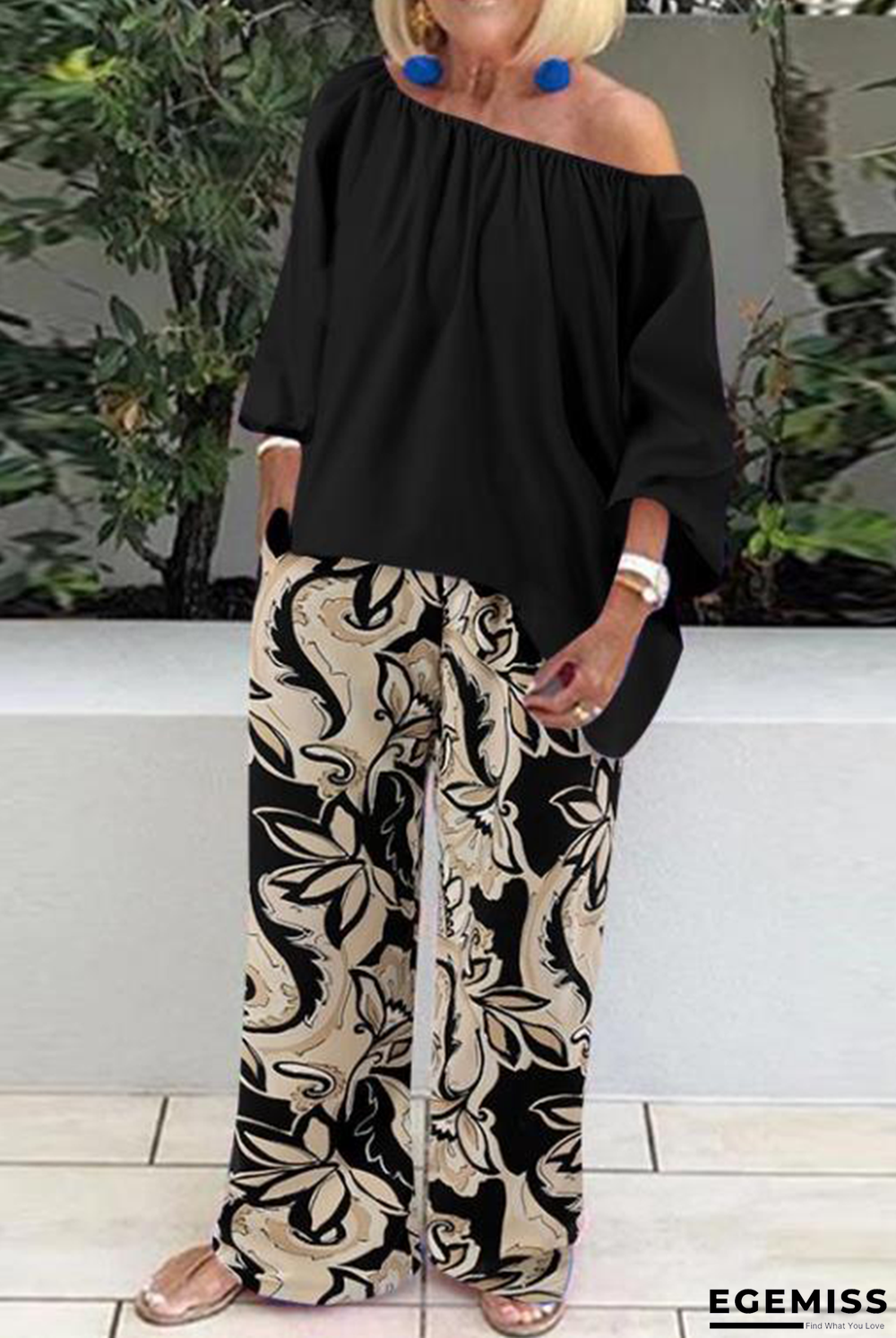 Black Casual Print Patchwork One Shoulder Half Sleeve Two Pieces | EGEMISS