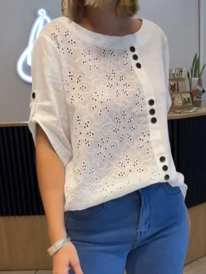 Women's Casual Solid Color Round Neck Short Sleeve Button Top