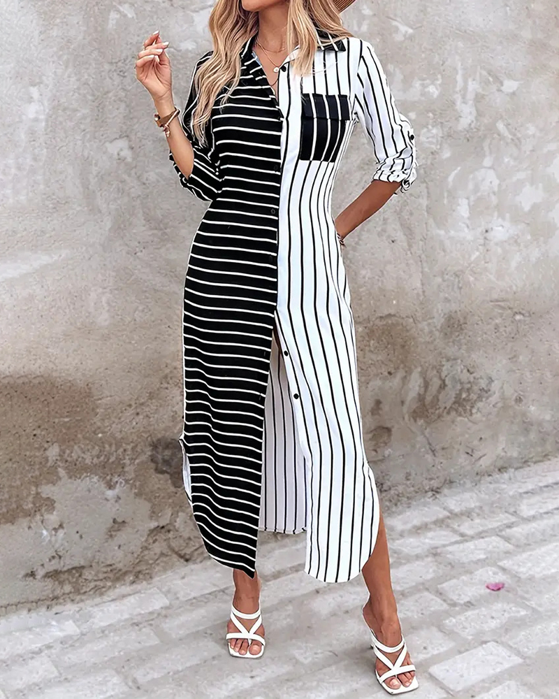 Vertical Striped Single Breasted Long Sleeve Shirt Midi Dress