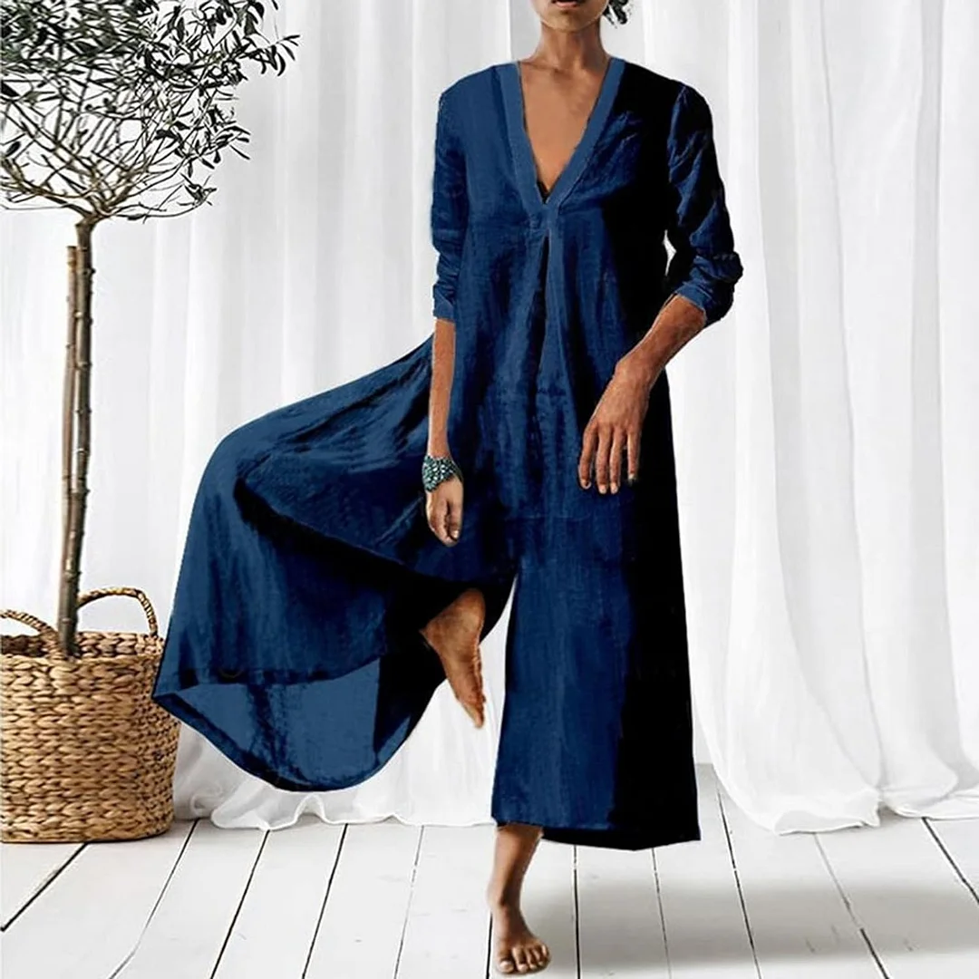 Women's Fashion Casual Loose V Neck Long Jumpsuit
