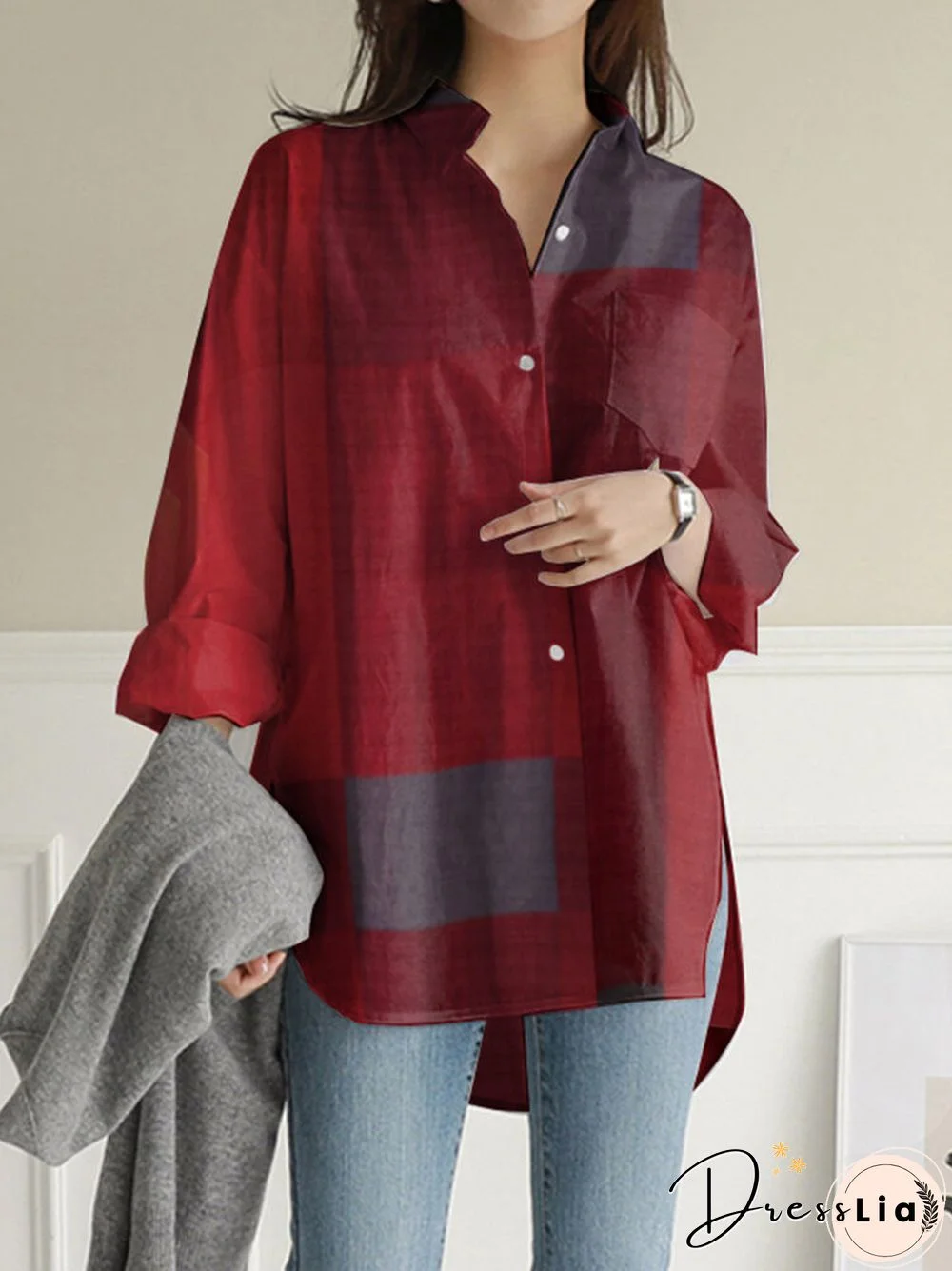 Plaid Print Long Sleeves Casual Loose Blouse With Pockets