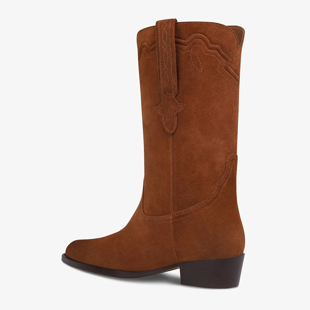 Closed Toe Mid Calf Low Heel Tan Embroidered Western Boots for Women