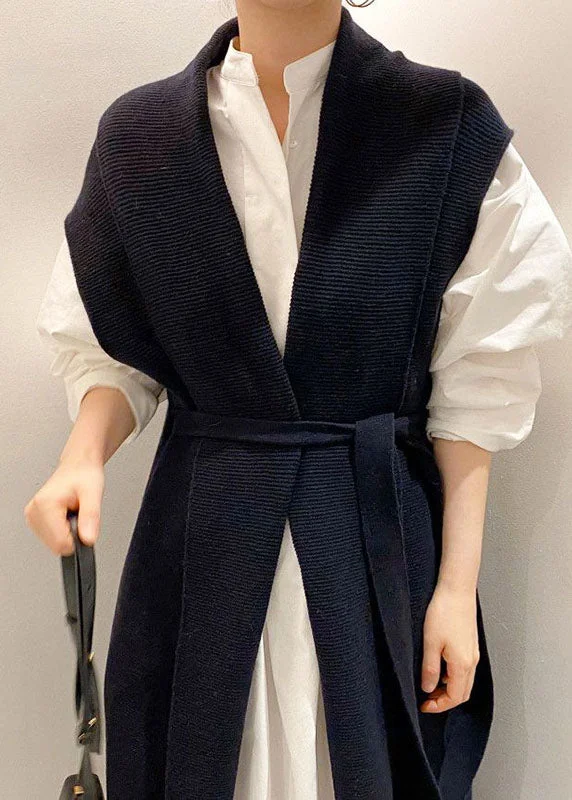 Classy Navy Oversized Original Design Knit Vest And Shirt Two Piece Set Outfits Spring