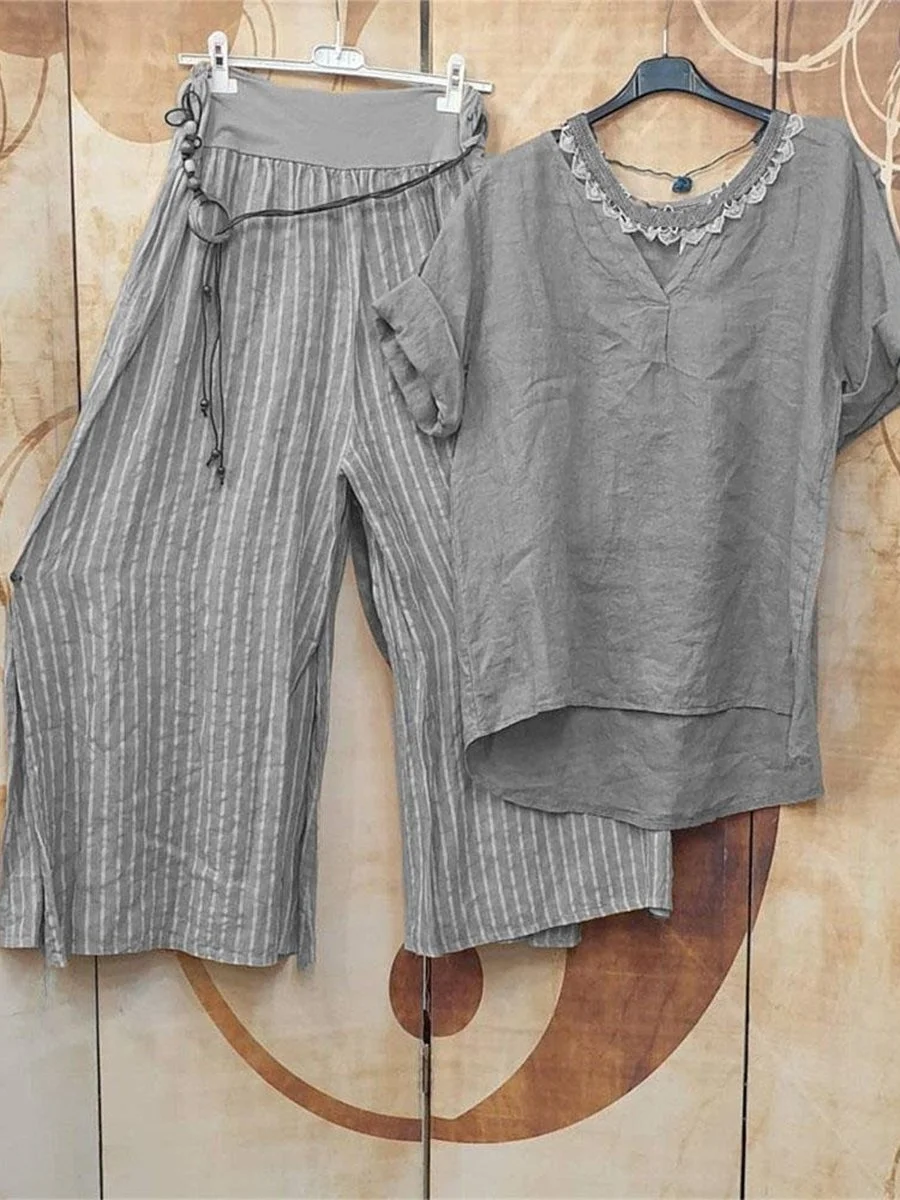 Women's Lace V-Neck Top Striped Lace Pants Cotton Linen Suit