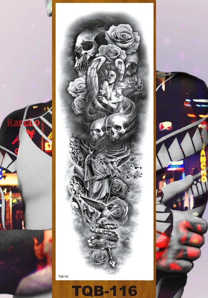 Full Flower Arm Temporary Tattoo Sticker Man Woman Body Leg Fake Tatoo Skull Night Demon Grim Reaper Good and Evil Waterproof