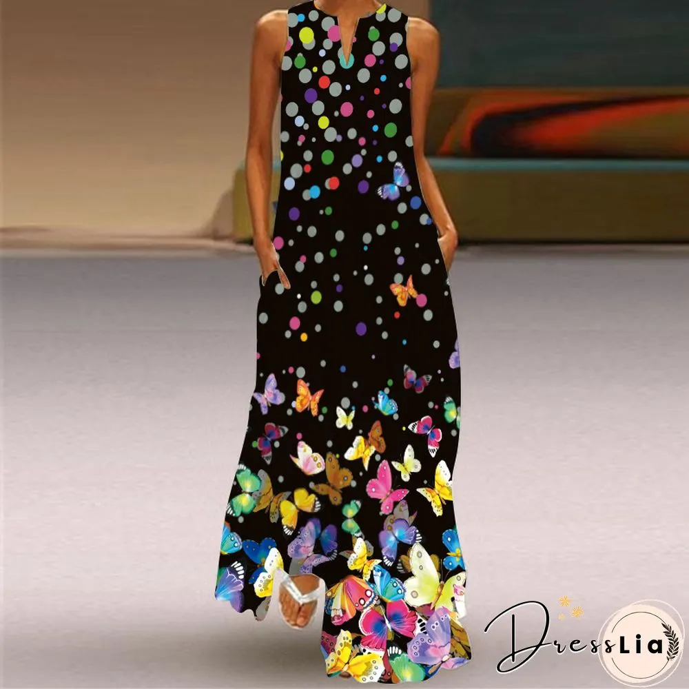 New Fashion Print Summer Dress Casual Sexy Boho Beach Women Party V-neck Sleeveless Pocket