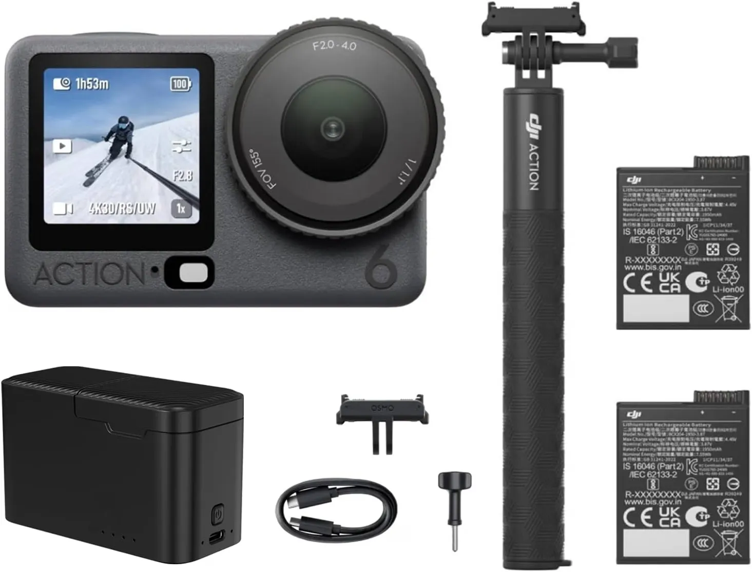 DJI Osmo Action 6 8K Waterproof Action Camera Bundle, 1/1.1" Square Sensor Variable Aperture of f/2.0&ndash;f/4.0, 50GB Built-In Storage, Original Capture More Combo + Multifunctional Battery Charger Case