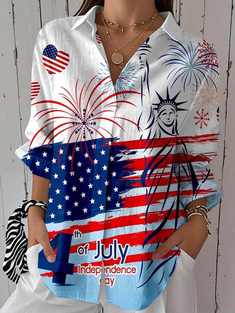 Women 3/4 Sleeve Shirt Collar National Flag Striped Printed Graphic Button Tops