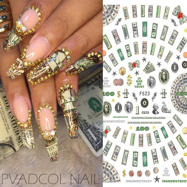 Money Dollar Wealthy Rich Style Nail Art Stickers Decals Manicure Tips Self Adhesive Transfer Slider Nail Decoration Accessories
