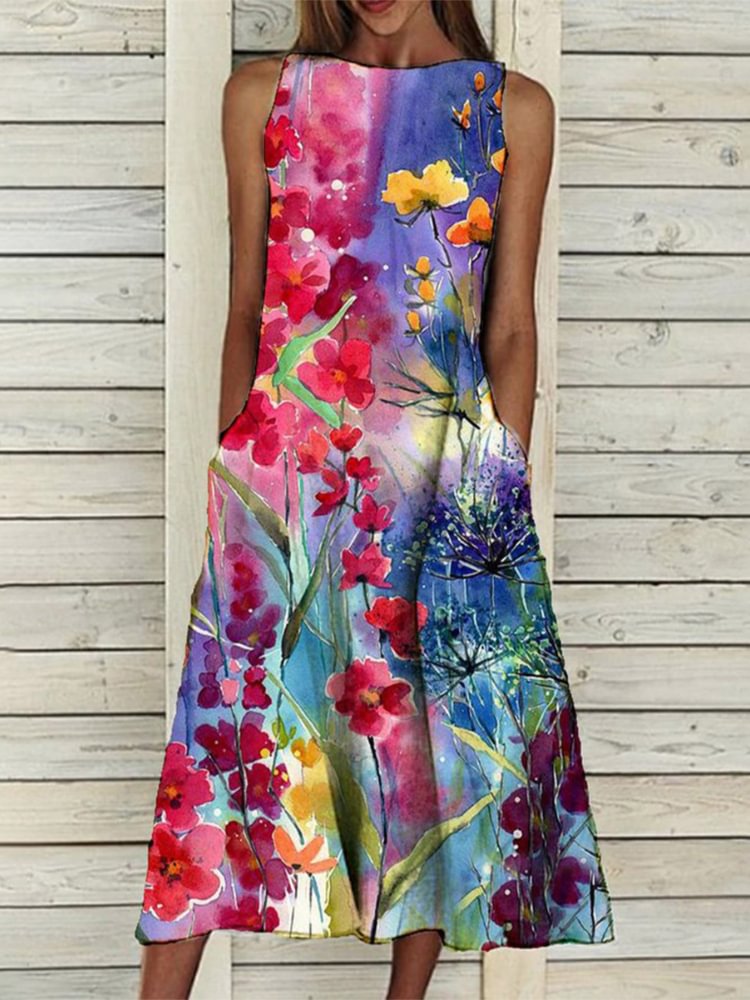 Flower Art Painting Printed Sleevlesss Dress
