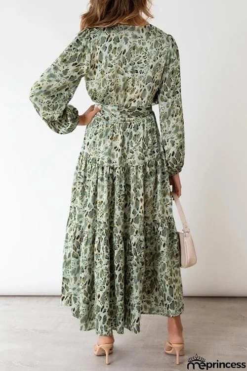 Print Belted Long Sleeve Maxi Dress